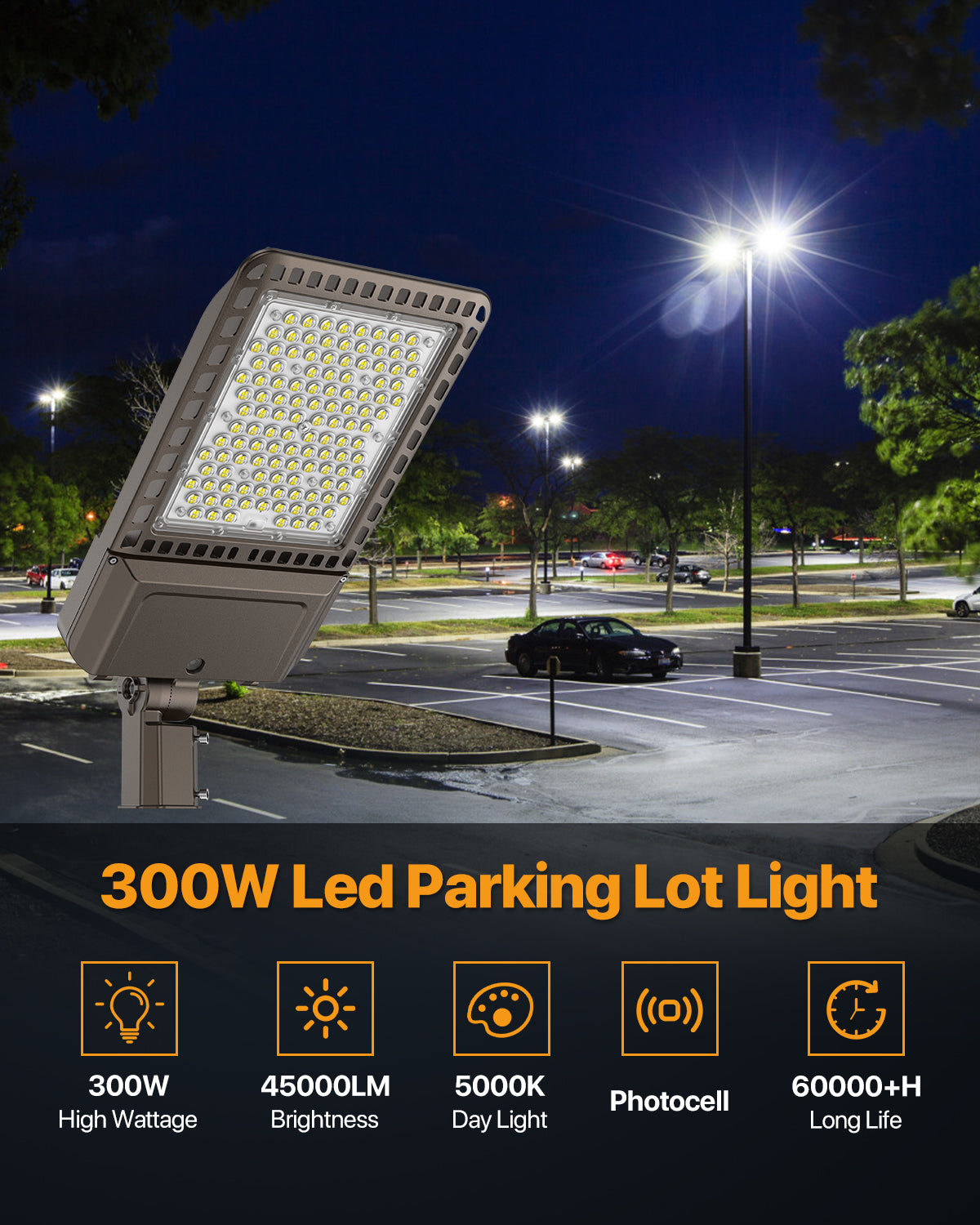 DEMILARE Parking Lot Light - PKL05, 60000lumens, 5000K, Dusk to Dawn, Slip Fitter Mount, AC 100-277V