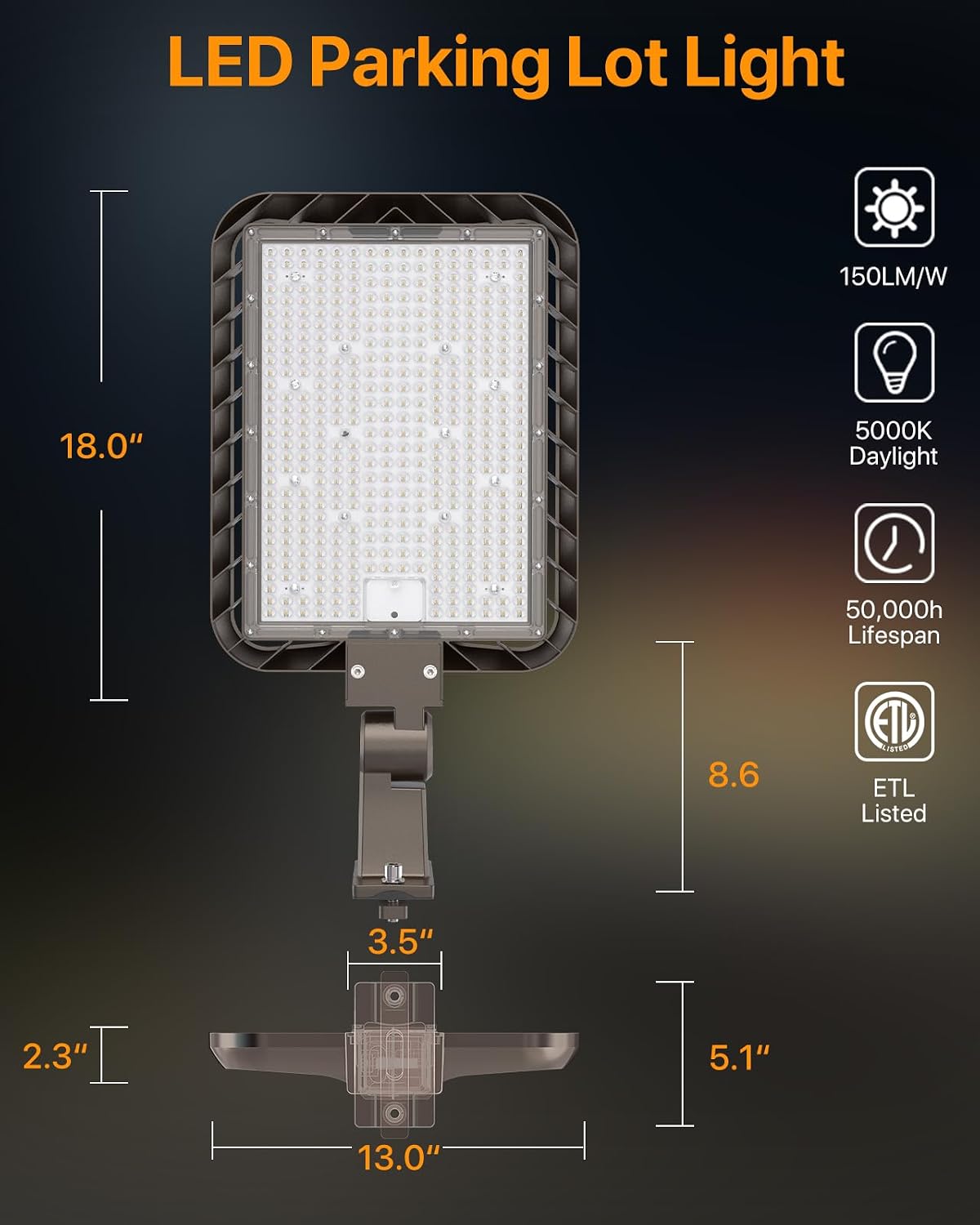 DEMIARE LED Parking Lot Lights-COBRA Series, 150LM/W, 5000K, 100-277V, Adjustable Arm Mount
