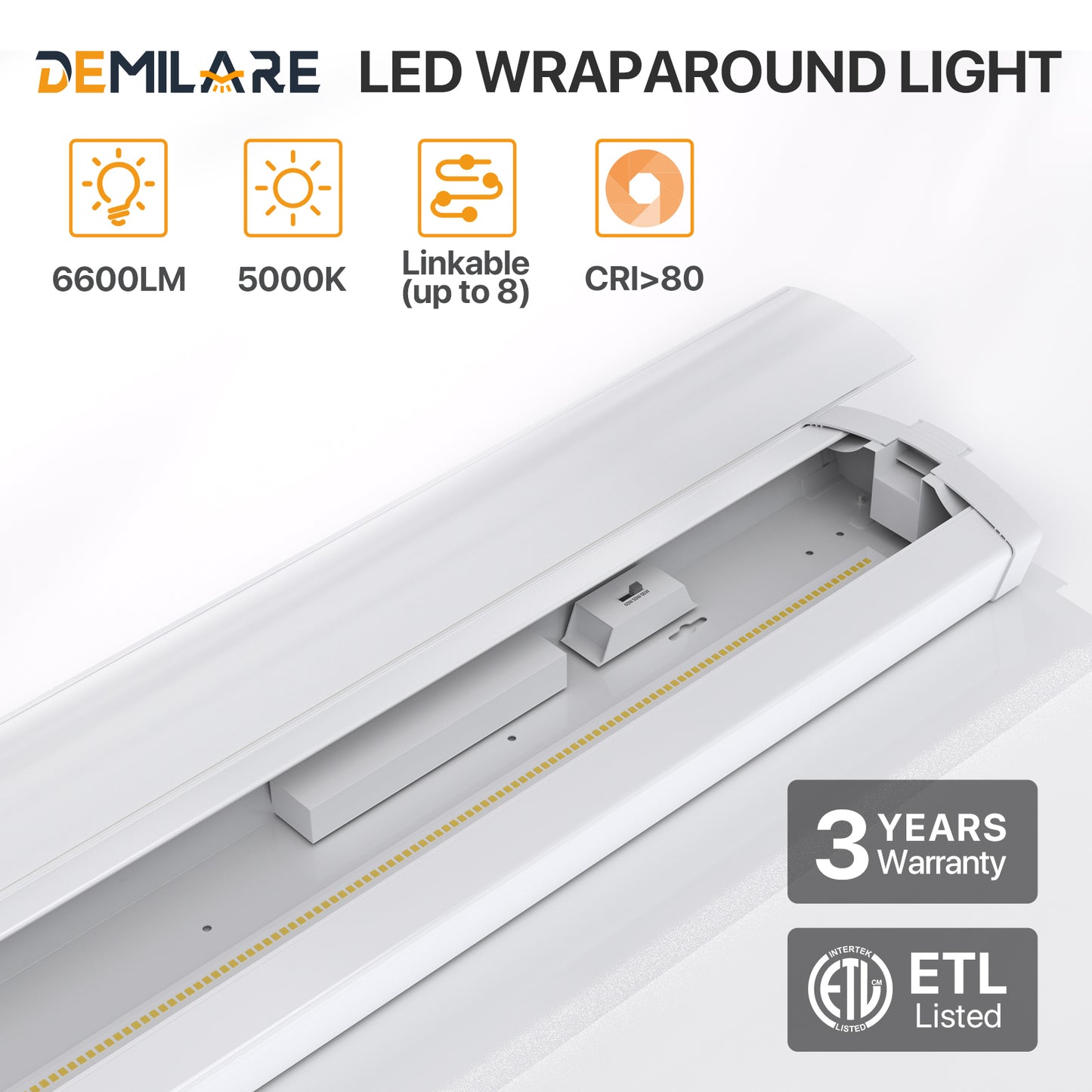 Demilare 4FT LED Wraparound Light,40/50/60W,6600lumens, 5000K,Selectable Wattage,AC 120V