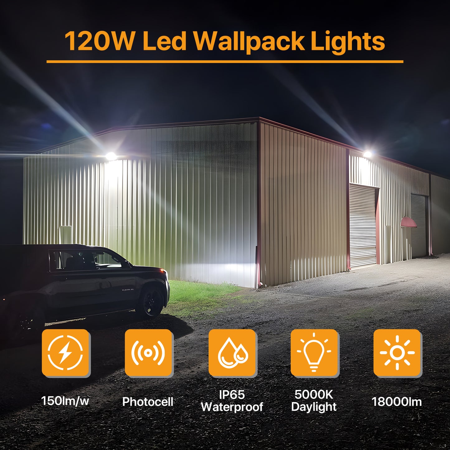 LED Wall Pack Light - 120w/150w，18000/22500lm，5000K, AC 100-277V, Glass Lens Dusk to Dawn