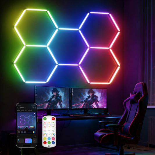 EZYEVY RGB Hexagon Garage Lights, LED Hex Lights with App & Remote Control, DIY Modular Honeycomb Lighting System, Music Sync Dimmable Smart Ceiling Light Fixture for Gym, Shop, Gaming Room