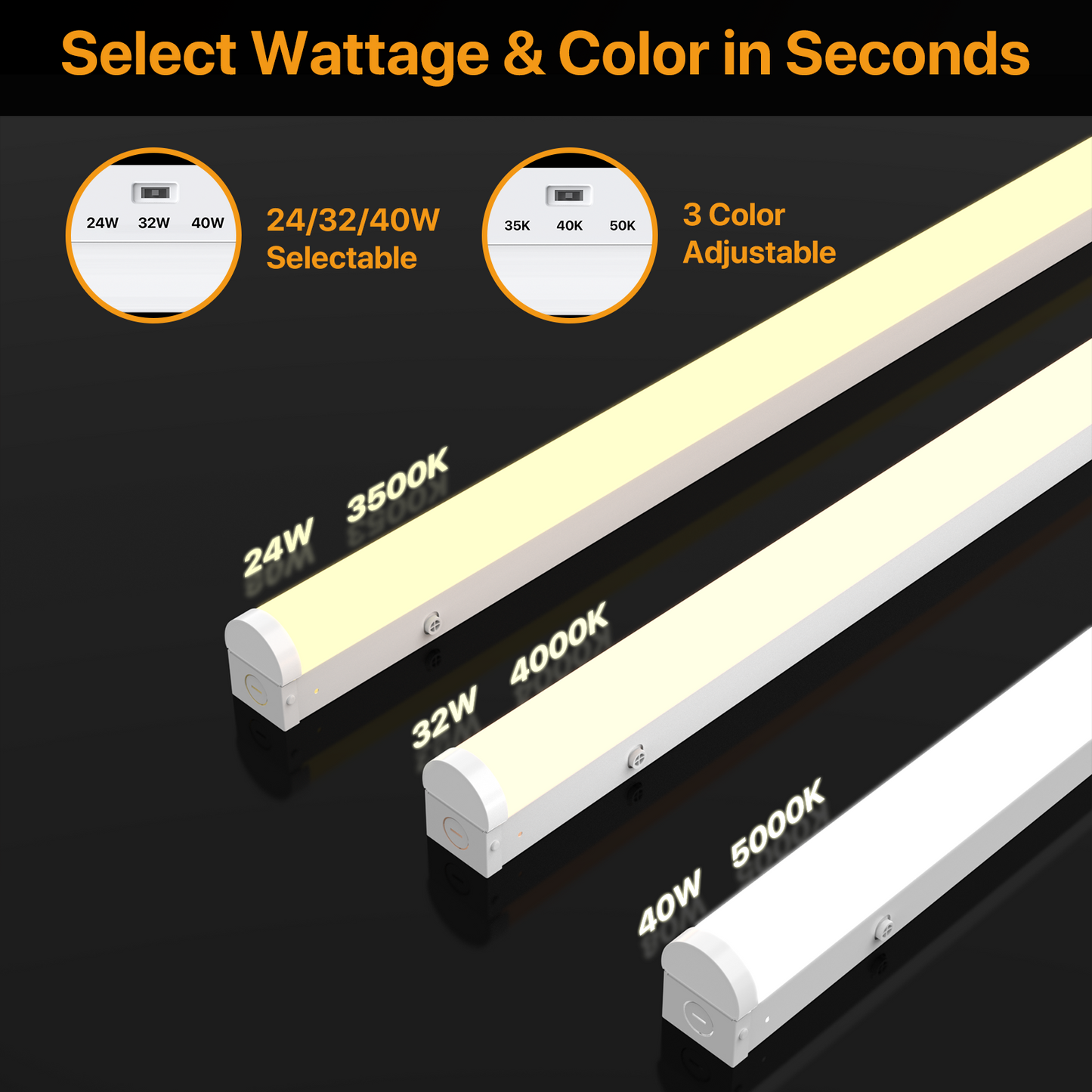 DEMIARE 4FT/8FT LED Linear Strip Light,5200/10400 Lumens, Selectable Wattage & CCT, AC 120-277V