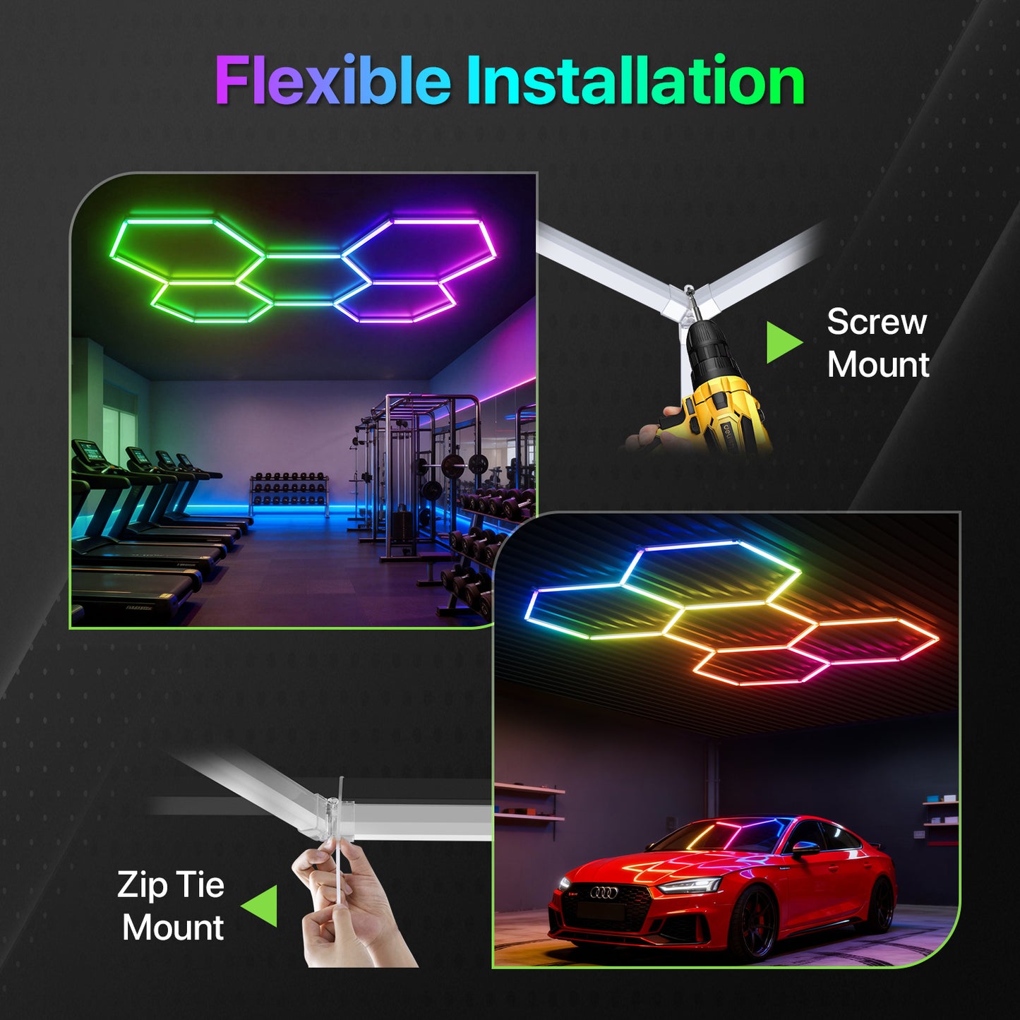 EZYEVY RGB Hexagon Garage Lights, LED Hex Lights with App & Remote Control, DIY Modular Honeycomb Lighting System, Music Sync Dimmable Smart Ceiling Light Fixture for Gym, Shop, Gaming Room