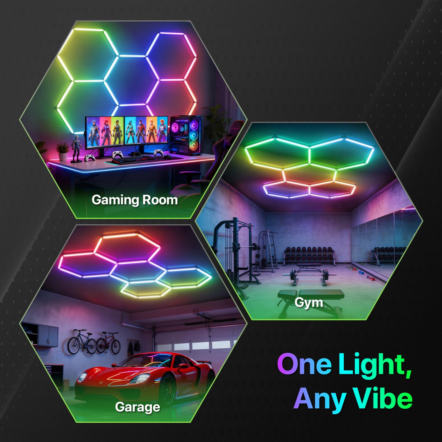 EZYEVY RGB Hexagon Garage Lights, LED Hex Lights with App & Remote Control, DIY Modular Honeycomb Lighting System, Music Sync Dimmable Smart Ceiling Light Fixture for Gym, Shop, Gaming Room
