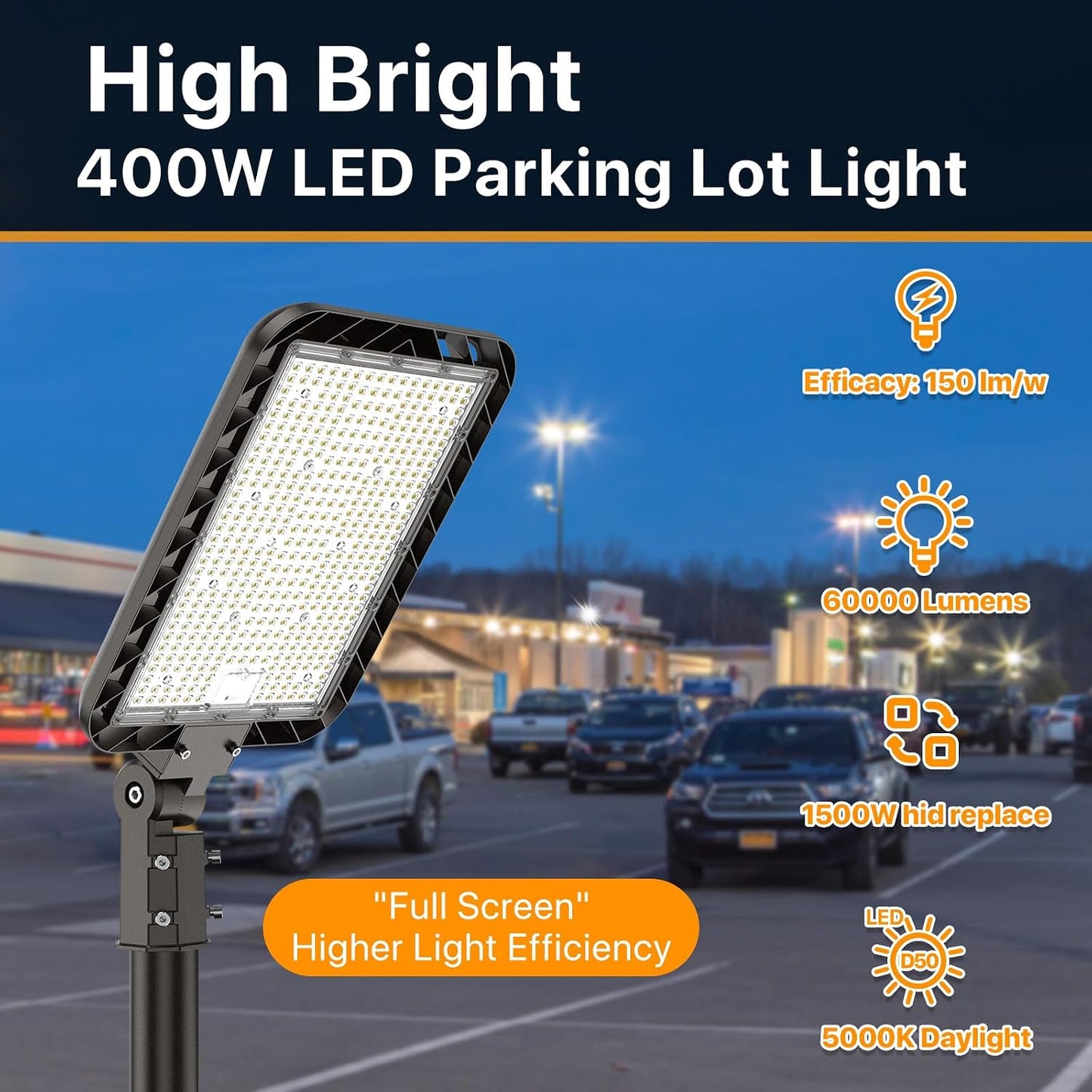 DEMIARE LED Parking Lot Lights-COBRA Series, 150LM/W, 5000K, 100-277V, Slip Fit Mount