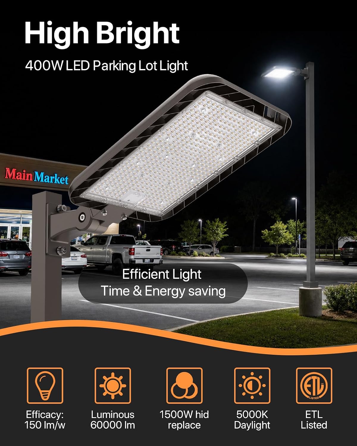 DEMIARE LED Parking Lot Lights-COBRA Series, 150LM/W, 5000K, 100-277V, Adjustable Arm Mount
